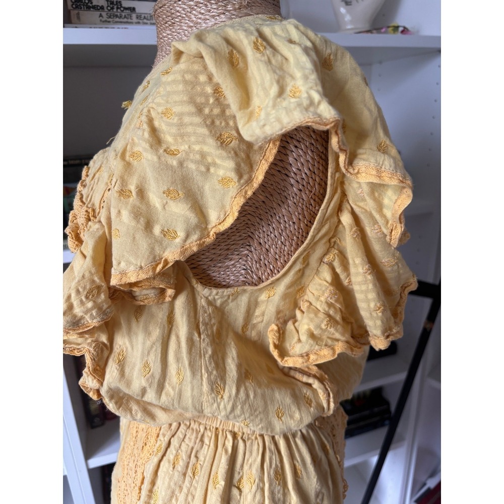 LoveShackFancy Yellow Lace-Trim Mini Dress Cottagecore Flutter Sleeve S boho - Picture 8 of 16